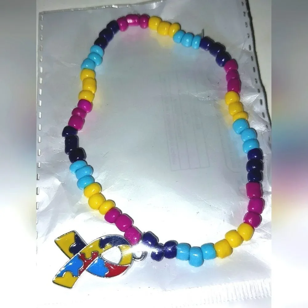 Colorful Beaded autism awareness Bracelet with Puzzle Charm for adults and kids